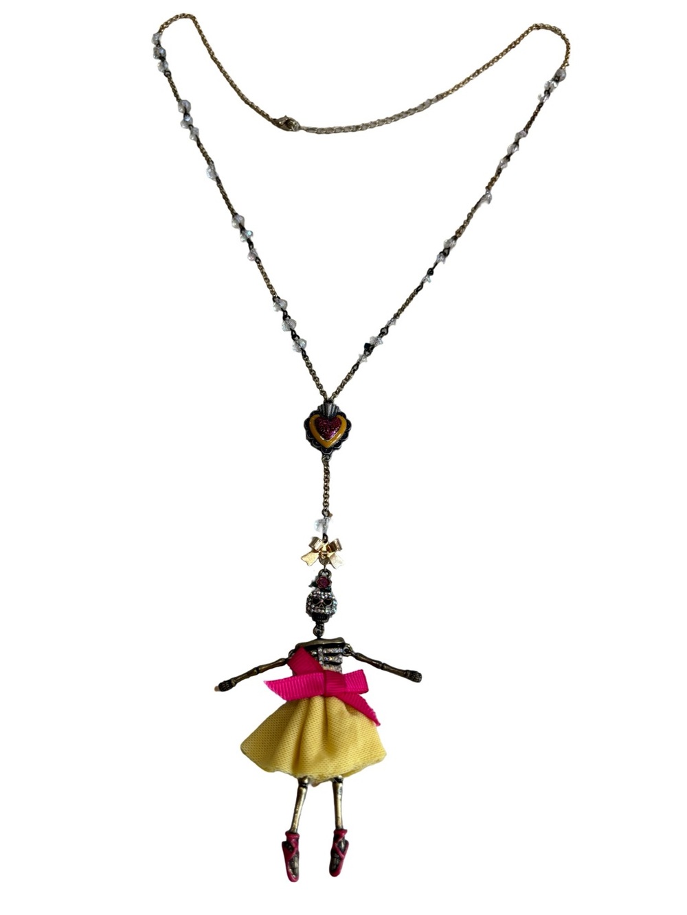 Betsey Johnson Skull Doll Pendant Necklace Pink Yellow Dress Crystal Chain